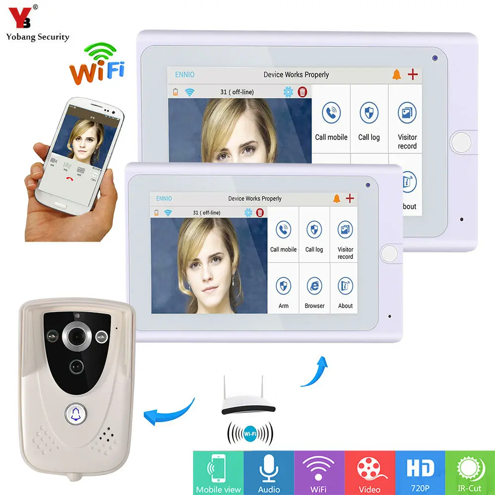 

Yobang Security 7inch Wireless/Wifi IP Video Door Phone Doorbell Intercom Entry System with 2 Monitor 1 Outdoor camera PIR