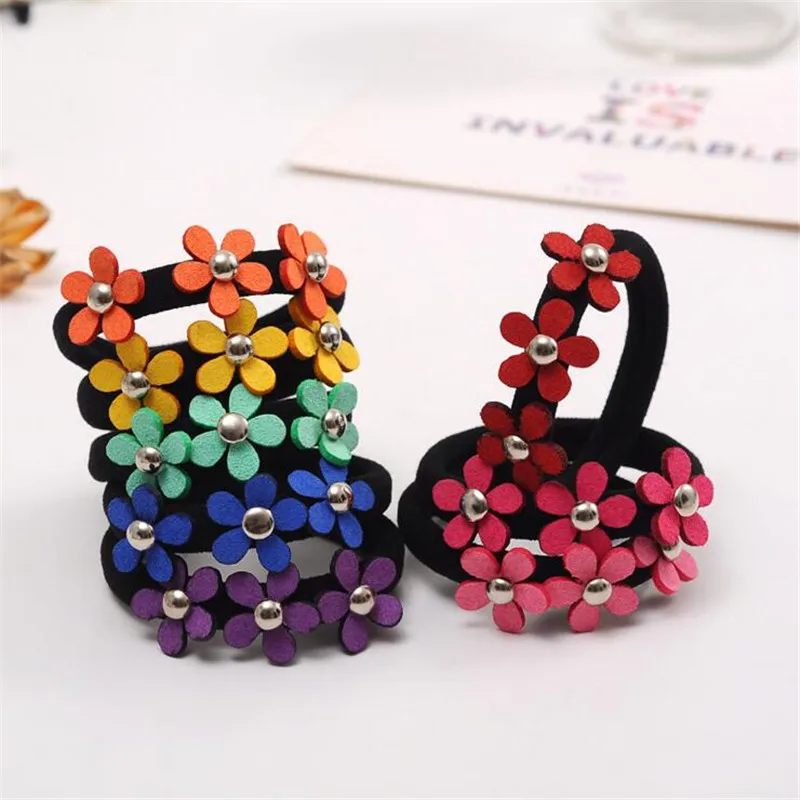 4Pcs/Lot Girls Hair Accessories Flower Headband Candy Color Rope Ring Pigtail Holder Kids Scrunchies Rubber Hair Bands for Girls