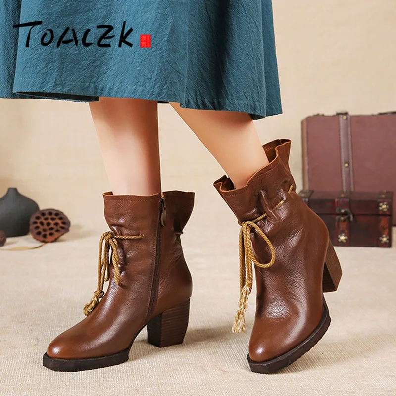 

genuine leather ankle boots elegant pointed toe thick heel ladies shoes short boots women's leather boots winter boots
