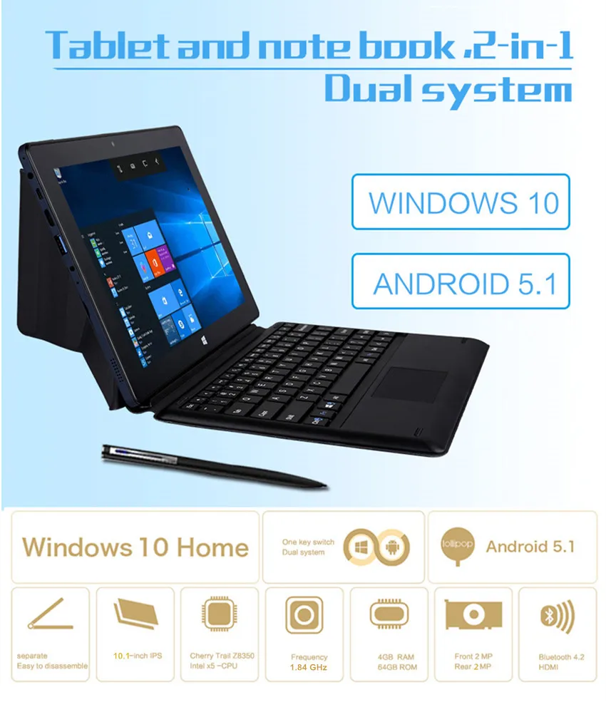 AIBOULLY 10,1 дюймов Двойная ОС 2 в 1 Windows планшетный ПК Android четырехъядерный Cherry Trail X5 Windows 10 Android 5,1 64G Wifi HDMI 9,7''