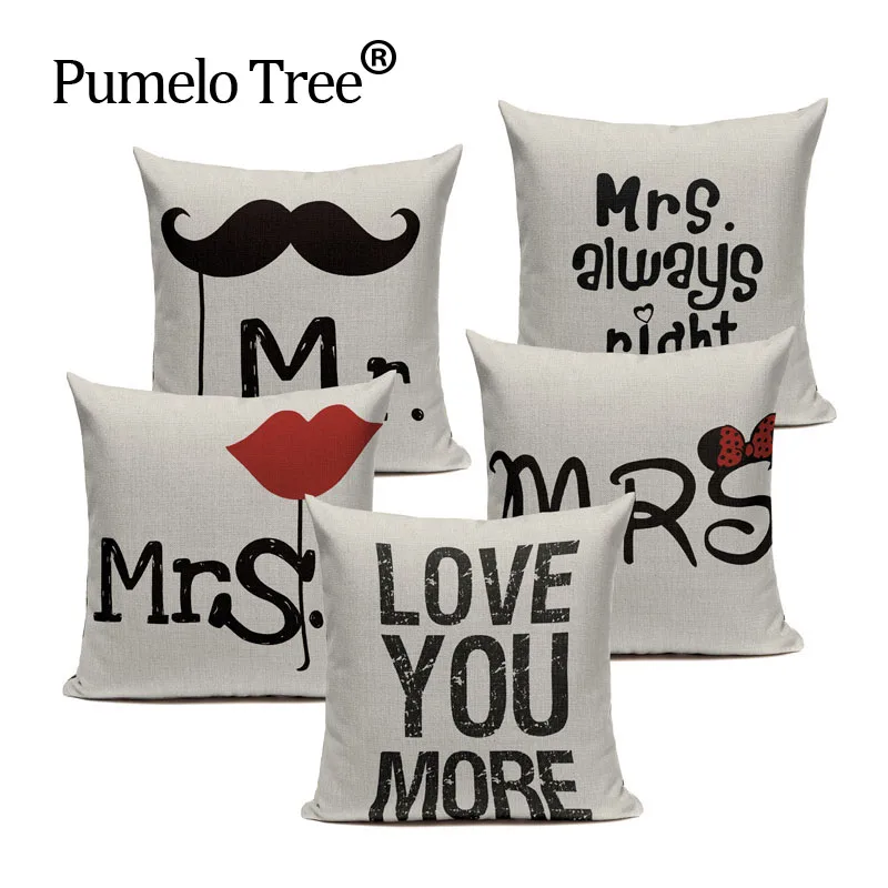 

1Pcs 45*45cm Love Mr Mrs Heart Pattern Cotton Linen Throw Pillow Cushion Cover Car Home Sofa Decorative Pillowcase Dropshipping