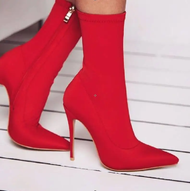 

Hot Sexy Fashion All Kinds of Colors Flock Mid-Calf Shoes Zip Pointed Toe Women's Shoes Thin Heels Big Size Women's Boots