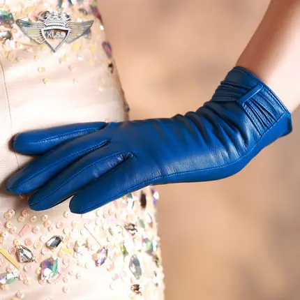 KLSS Брендовые женские перчатки из натуральной кожи, высококачественные перчатки из козьей кожи, зимние теплые модные элегантные женские перчатки из овчины 05-1 - Цвет: Синий