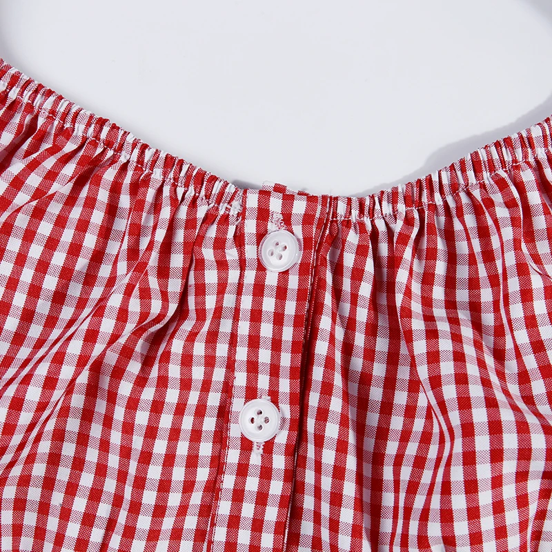 InstaHot короткий топ с широким вырезом и коротким рукавом, Лето, женская рубашка в клетку с низким вырезом на спине, тонкое на кнопках. Повседневные модные женские топы