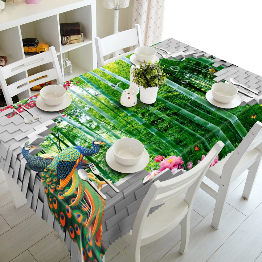 Peacock resting in green bamboo forest 3d Tablecloth Stereo Tablecloth