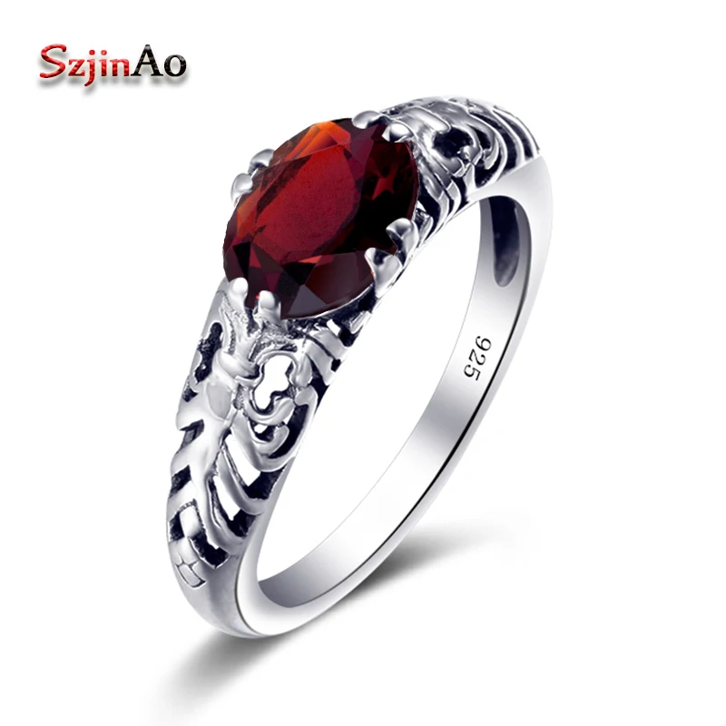 

Szjinao new Round Cut Red Pomegranate Zircon Vintage Solid 925 Sterling Silver Rings Bohemia Anniversary Wedding Band Ring