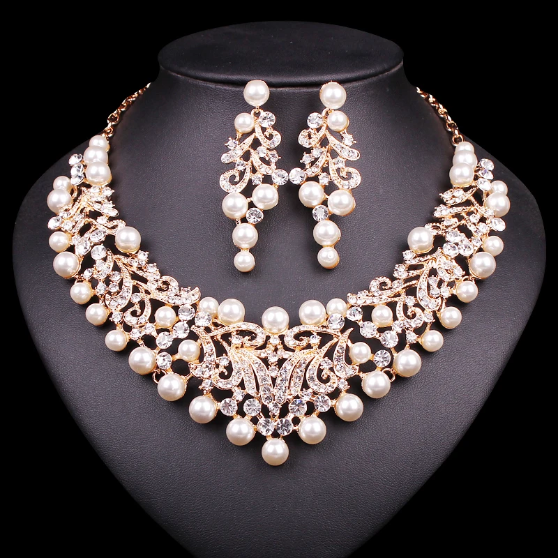 Gold Color Imitation Pearl Wedding Necklace Earrings Sets African