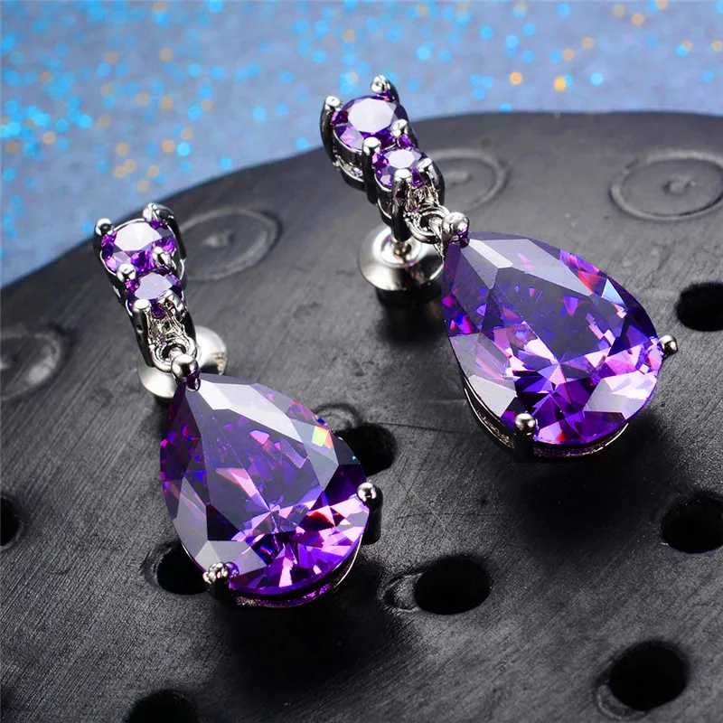 Luxury Female Crystal Water Drop Earrings Fashion 925 Sterling Silver Dangle Earrings Pink Blue Purple Earrings For Women