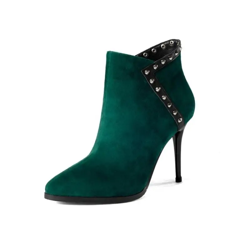 

Black Emerald Green Suede Ankle Boots for Women Chic Pointed Toe Studded Rivets Zapatos De Mujer High Heels Shoes Woman Botas