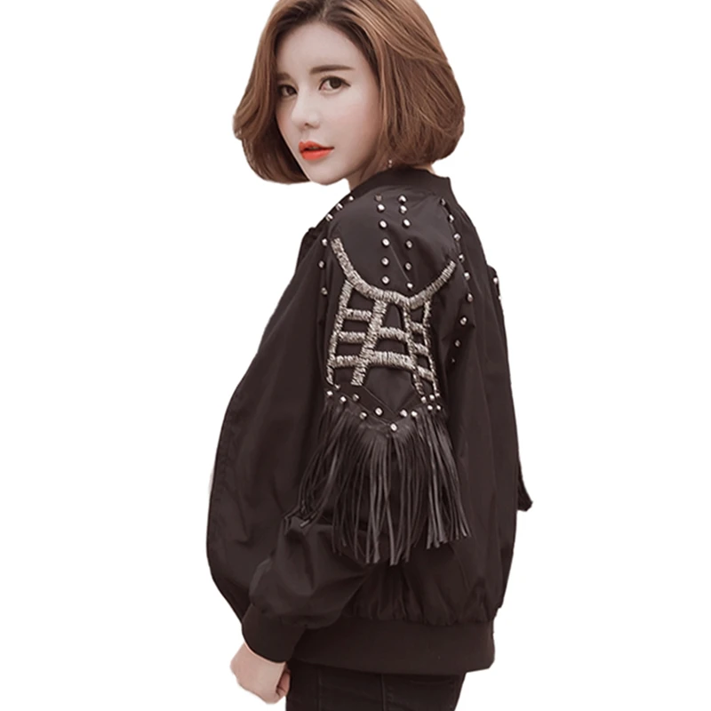 

Europe Autumn Winter Women Cotton Coat New Fashion Female Beaded Tassels Rivet Outerwear Loose Bat Sleeve Baseball Jacket SUN61