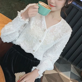 

2019 spring autumn women's new tassel feather perspective chiffon shirt female trumpet sleeve V-neck fashion pop shirt top l69