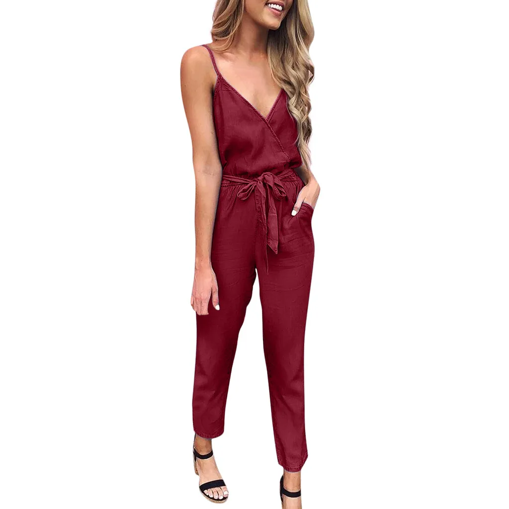 

2019 Hot Sell Summer Spaghetti Strap Wrap Top Tie Waist Casual Jumpsuit Can Dropshipping Shipped within 36 hours