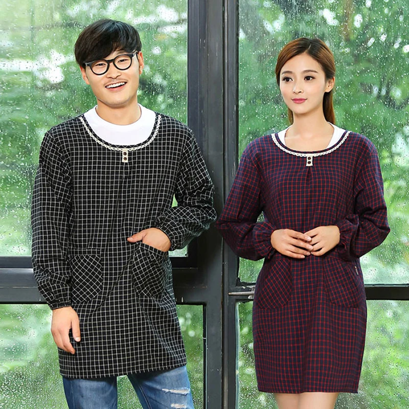 2016 New Long Sleeve Cotton Apron Cooking Bbq Antifouling Oil-proof Women Men Apron Kitchen Hotel Work Apron With Pockets