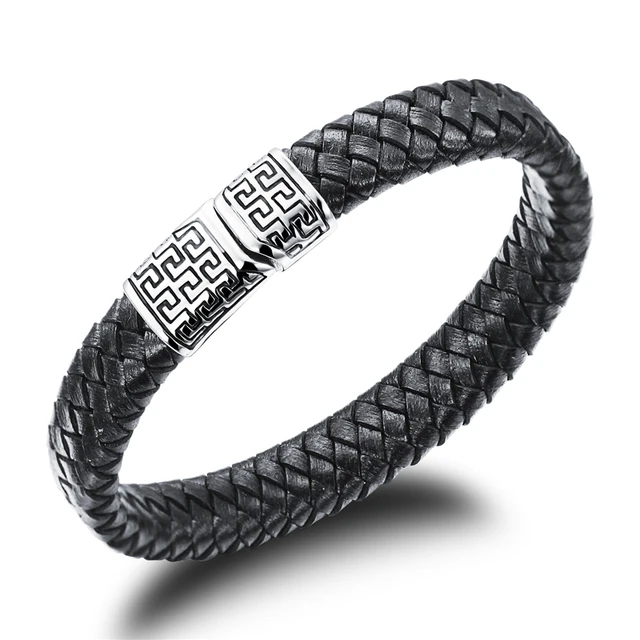 Hot Woven Strap Black Leather Men S Bracelet Jewelry Brand Hot Woven Strap Black Leather Men S Bracelet Jewelry Brand Designer Stainless Steel Greek Fret Meander