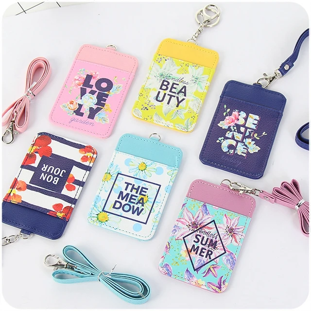 Cute Flower Badge Holder ID Card Holder Leather Bus Cards Badge Holder