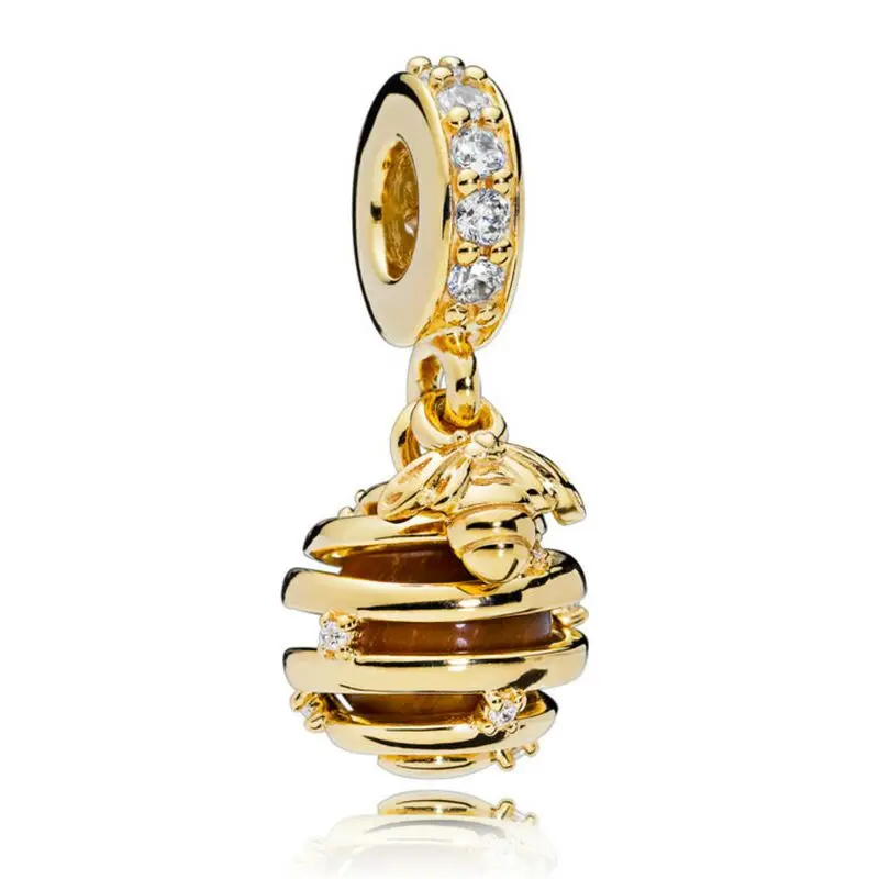 

Original 925 Sterling Silver Sweet As Honey Charm Shine Tiger Eye & Clear CZ Beads Fit Pandora Bracelets & Necklace DIY Jewelry