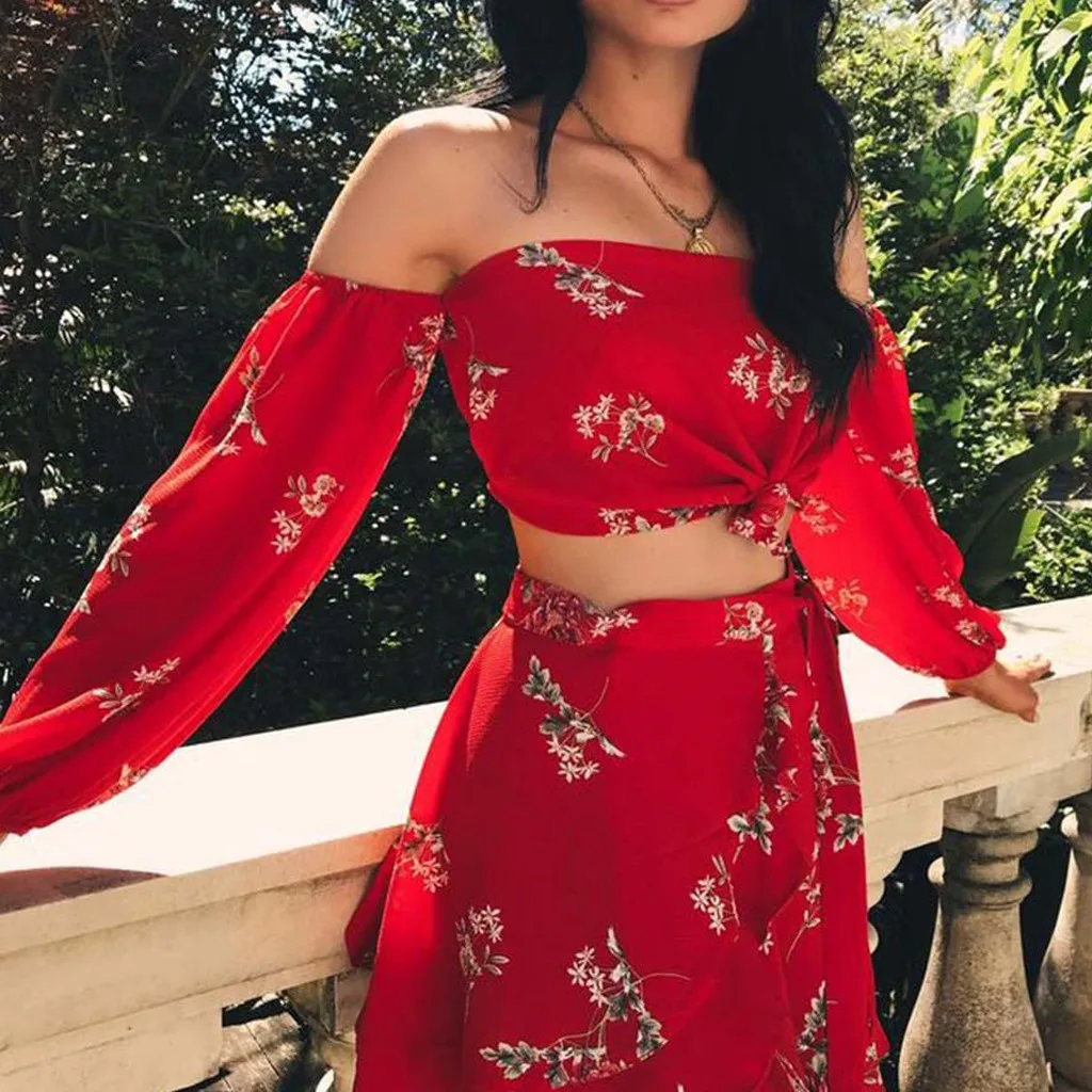 

feitong sexy 2 piece set women Off Shoulder two piece set top and skirt Floral Print red Women Tracksuits chandal mujer 5#3.5
