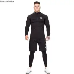 2018 Новинка весны для мужчин фитнес сжатия наборы для ухода за кожей в полоску с принтом Высокая Комплект эластичности мышцы рубашк