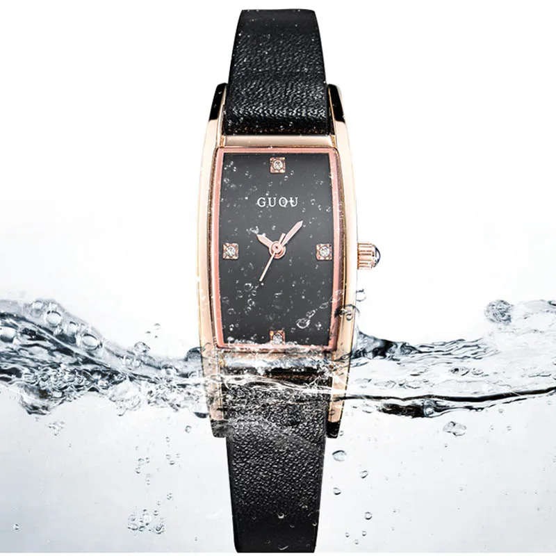 Модные Guou бренд часы Роскошные хрустальные часы для женщин пояса из натуральной кожи дамы простой прямоугольник час Relogio Feminino