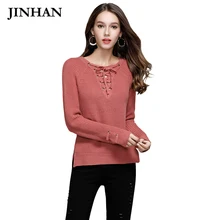 JINHAN Fashion V Neck Bandage Sweaters Women Red Camel Thick Pullover Winter Jumper Solid Color Warm Knitted Sueter Mujer JHS804
