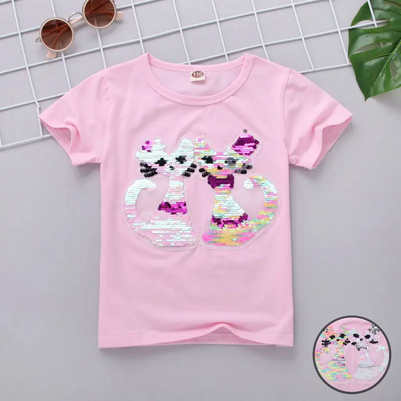 Twin Cat B Pink Футболка для девочек, лето, Детская футболка с блестками, хлопковые рубашки с мультипликационным принтом, одежда для подростков 5, 6, 8, 10, 12, 13, 14 лет - Цвет: Twin Cat B Pink