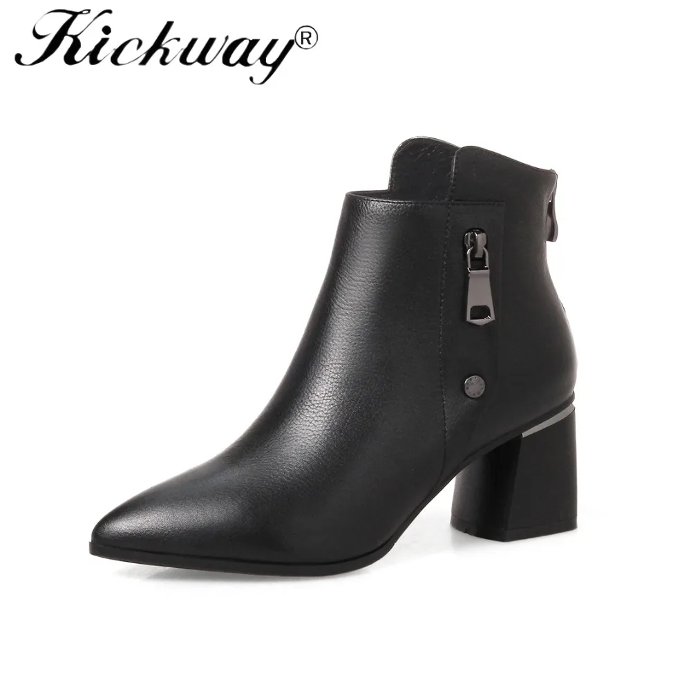 

Kickway 2018 Women Thick Heel Ankle Boots Black Cow Leather Pointed Toe Work Shoe Autumn Winter Lady Working Boots Plus Size 42