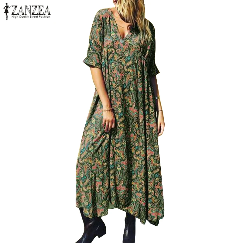 ZANZEA богемный цветочный принт сарафан для женщин летнее макси длинное платье Винтаж V образным вырезом короткий рукав пляжное платье Vestido Femme платье