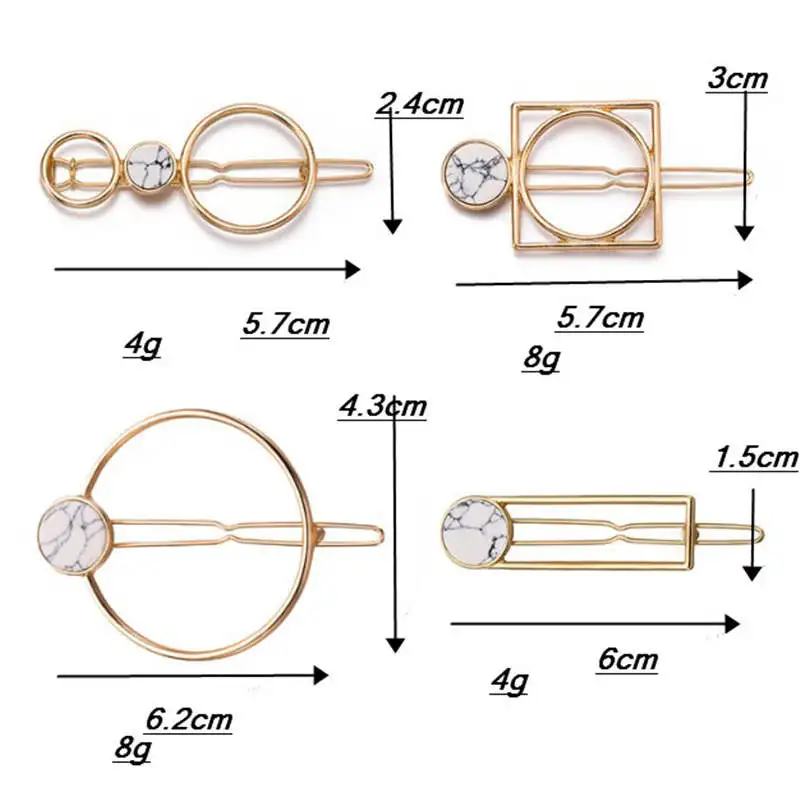 Fashion Women Girls Metal Circle Square Hair Clips Natural Stone Hairpins Barrettes Wedding Hair Clip Accessories Dropshipping