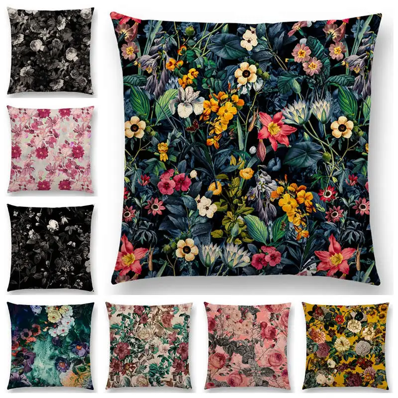 

Hot Sale Black Night Vintage Forest Botanical Garden Future Dream Colorful Flowers Leaves Prints Cushion Cover Sofa Throw Pillow
