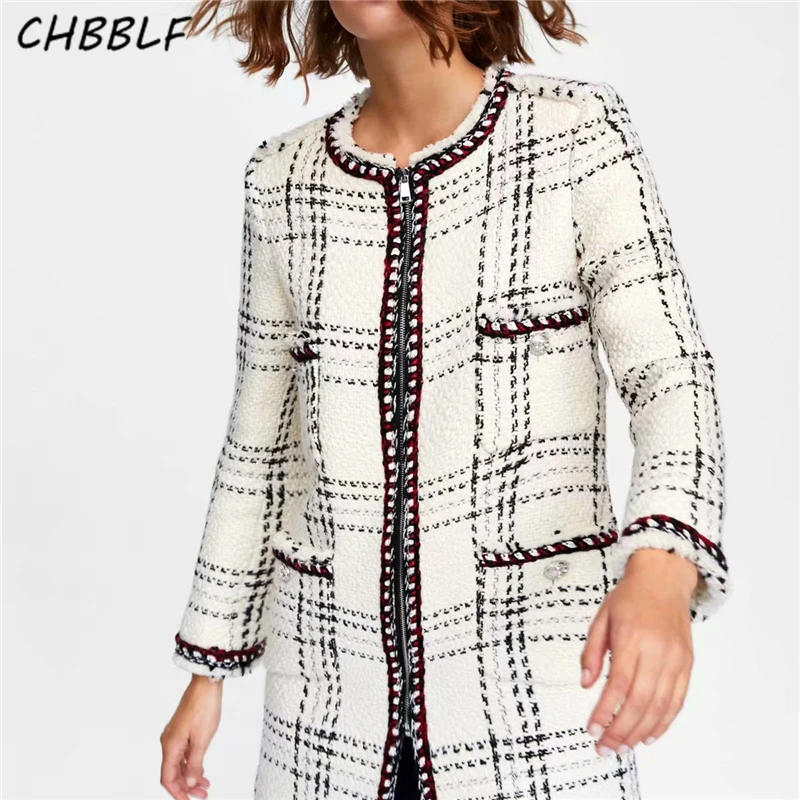 

CHBBLF vintage tweed plaid long jacket coat pockets long sleeve checkered zipper coats retro female casual outerwear BGB8432