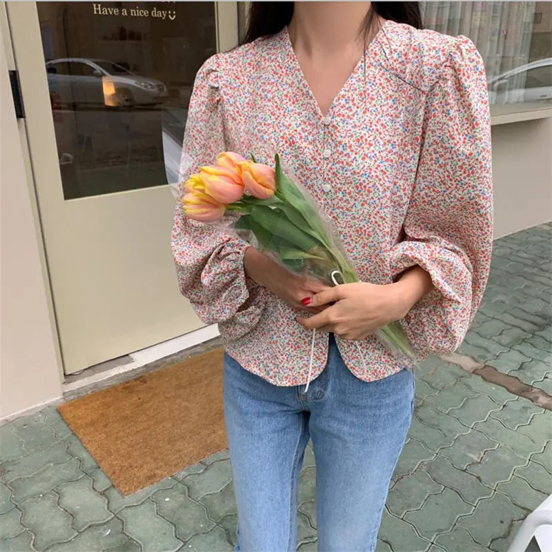 

Hzirip Korean 2019 New Cute Loose V-Neck Fresh Free Sweet Female Print Spring Stylish Wlid Casual Elegant High Quality Shirts