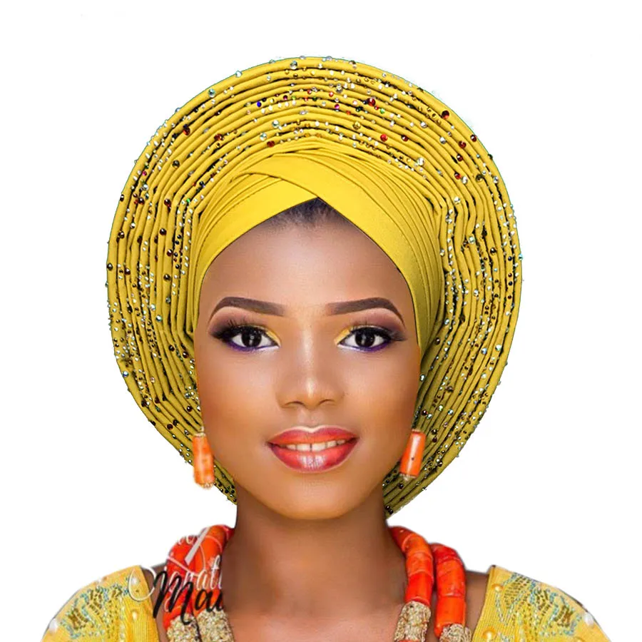 Новое поступление ASO OKE gele с бисером Африканский тюрбан для женщин - Цвет: gold