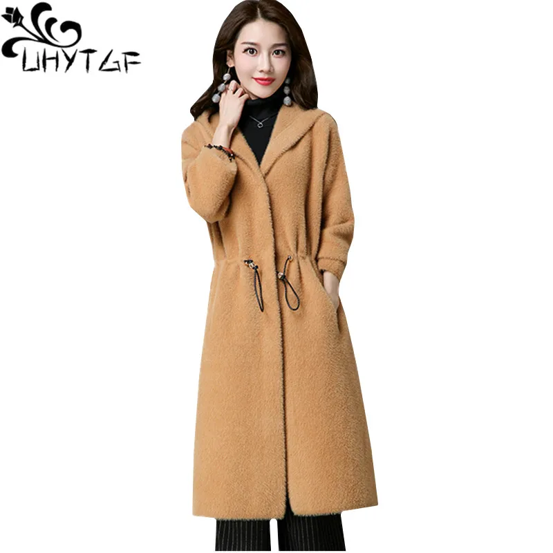 

UHYTGF Autumn winter jacket women High quality Waterproof Mink cashmere sweater outerwear Hooded Slim long coat female S-5XL114