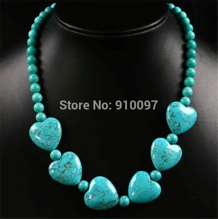 

>18" Howlite Turquoise Gems Heart Pendant Beads Necklace