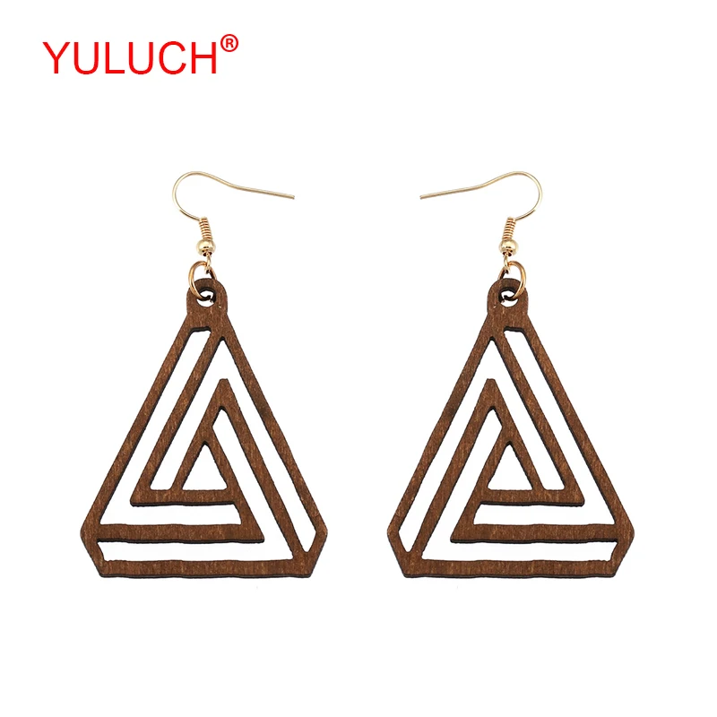 

YULUCH Popular ethnic retro woman jewelry accessories handmade wooden triangle hollow loop pendant party earrings gift