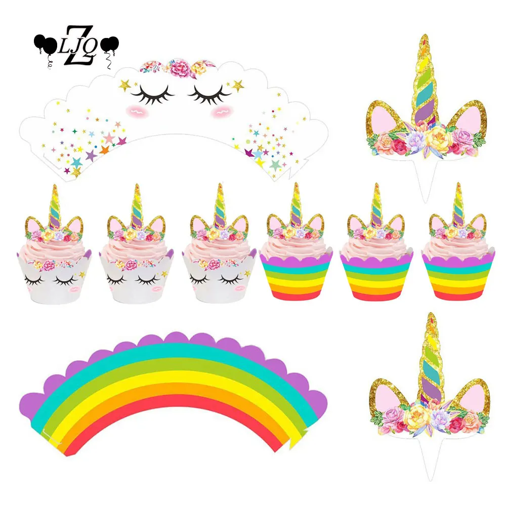 zljq 12pcs unicorn cake topper cupcake wrappers unicorn horn ears and