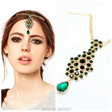 Bohemia Ethnic Rhinestone Crystal Hair Pins Women Accessories Gold Emerald Hair Clips Forehead Hair Jewelry