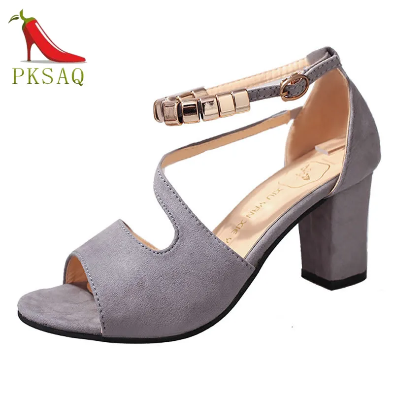 

Women's Sandals 2019 Spring And Summer New Fish Mouth Wild High Heels Word Buckle With Non-slip Suede Shoes High Heel Sandals
