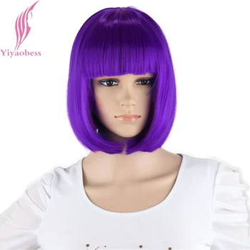 Yiyaobess Synthetic 10inch Straight Short Bob Wigs Bangs Blue Golden Red Black White Purple Pink Green Brown Cosplay Wig Female 2