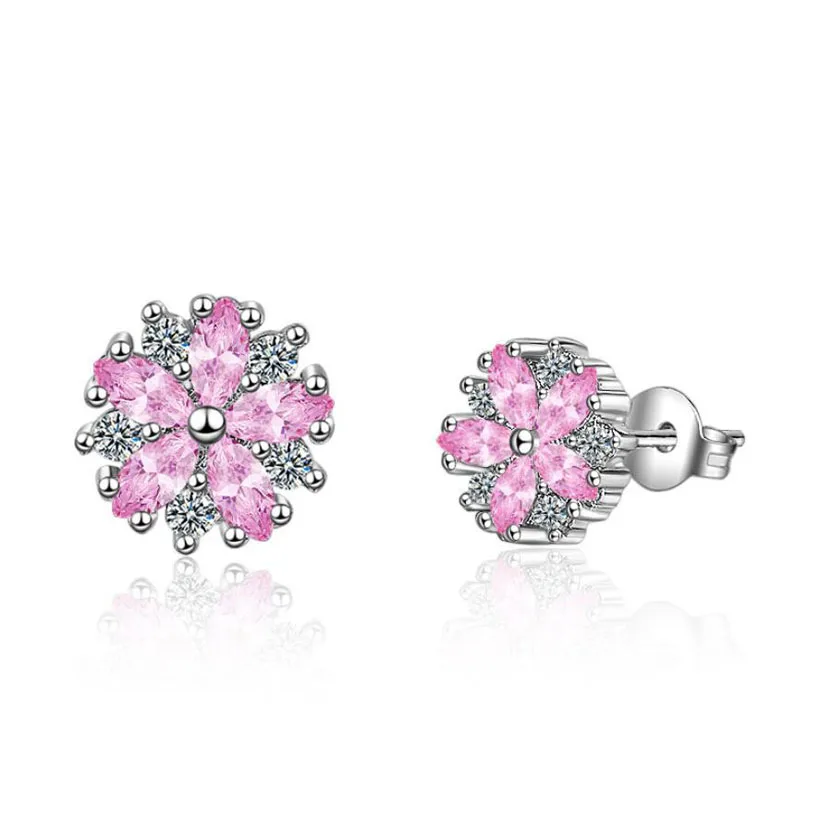 Fashion 925 Sterling Silver Pink Zircon Cute Flower Stud Earrings For