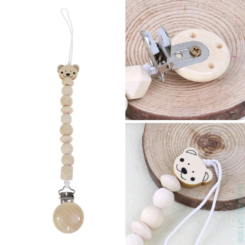 

Baby Dummy Chain Wood Pacifier Clip Bear Head Bead Dummy Clip Infant Teether Toy Drop Shipping