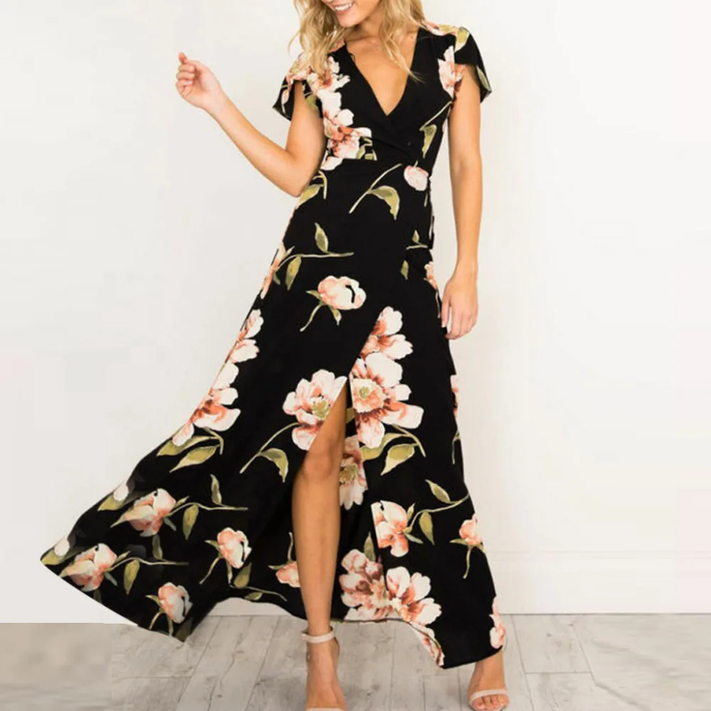 

2019 Fashion Women's Summer Sexy V-Neck Short Sleeve Casual Slit Floral Printed Bandage Long Dress vestidos robe femme sukienki