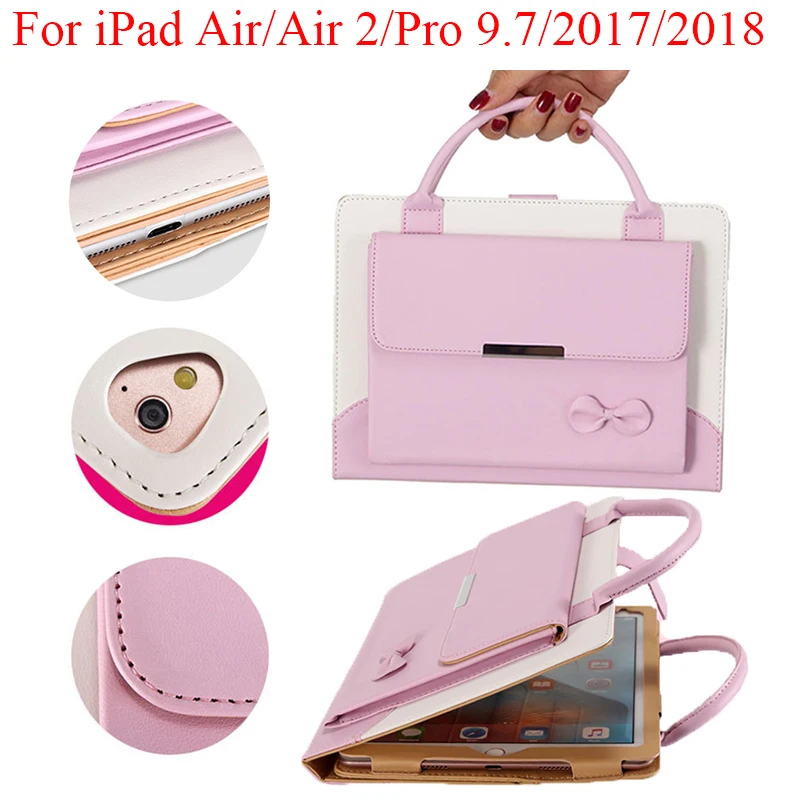 

Fashion Universal Ladies Handbag For iPad 9.7 2018 2017 PU Leather Case For iPad Air Air2 Pro 9.7 Bow Girl Stand Smart Cover Bag