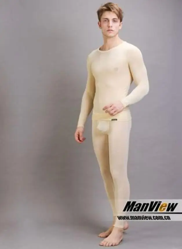 Топы+ штаны 1 комплект зимнее мужское термобелье сексуальный прозрачный ледяной шелк кальсоны мужские мягкое нижнее белье теплые брюки - Цвет: beige