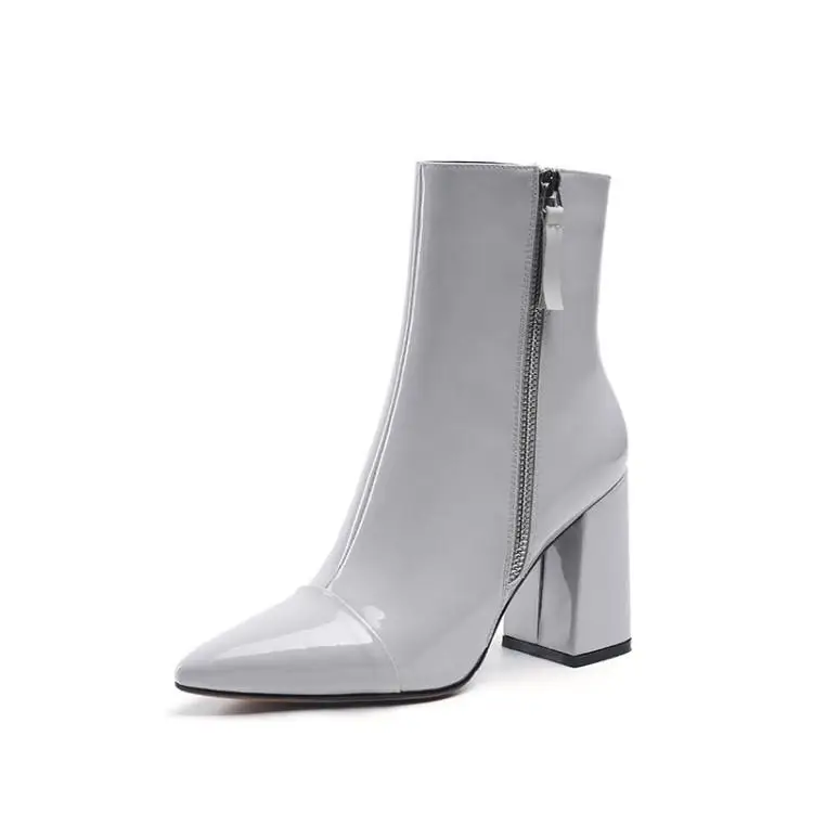 

Bling Shiny Patent Leather Ankle Boots For Women Chic Sewing Upper Elegant Pointed Toe High Chunky Heel Ladies Booties Side Zip