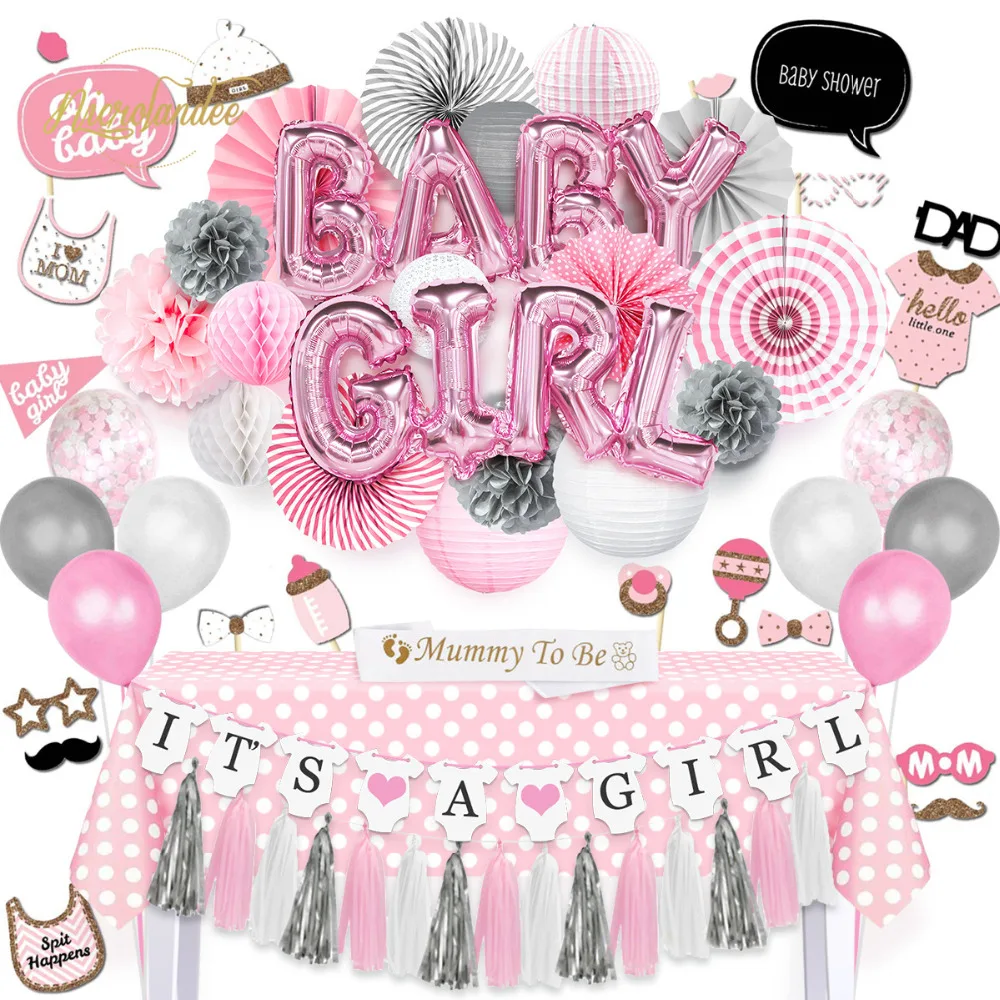 

NICROLANDEE 92 pcs/set BABY GIRL Shower Party Decora DIY Balloon Paper Lanterns Tissue Fans Tablecloth Mommy to Be Sash Props