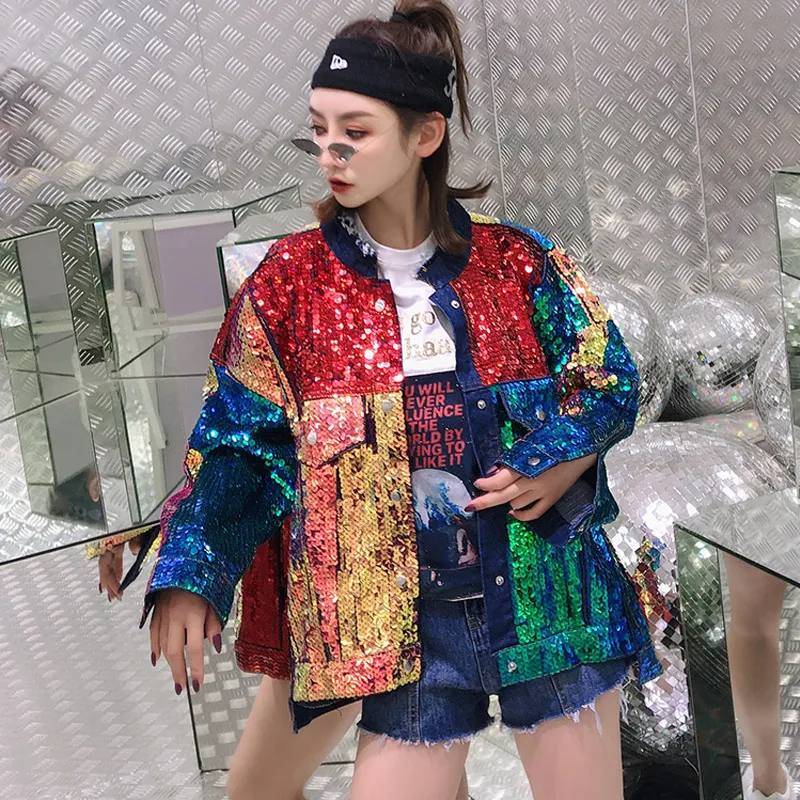 

Spring Fashion Streetwear Colors Sequins Denim Jacket Womens Loose Plus Size Coats and Jackets Women Punk Style
