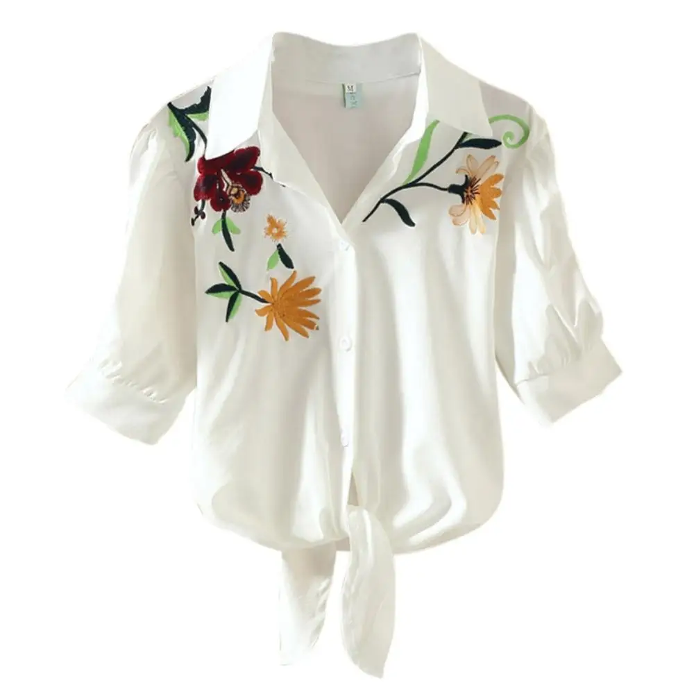 Вышивка в полоску с цветами Blusas Сексуальная женская блузка рубашка на шнуровке летние топы рубашки с отложным воротником дешевая одежда - Цвет: White C
