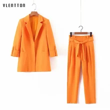 2019 Work Pant Suits OL Two Piece Set Women Orangee Elegant Office Ladies Blazer Jacket & Zipper Trousers Suit Female Outerwear