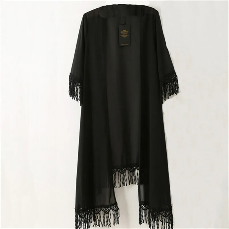 Summer Kimono Cardigan Women Girl Cover Up Sunscreen Chiffon Long Loose Blouse 2017 Tassel Beach Cardigans Femme Black White Summer Kimono Cardigan Women Girl Cover Up Sunscreen Chiffon Long Loose Blouse 2017 Tassel Beach Cardigans Femme Black White
